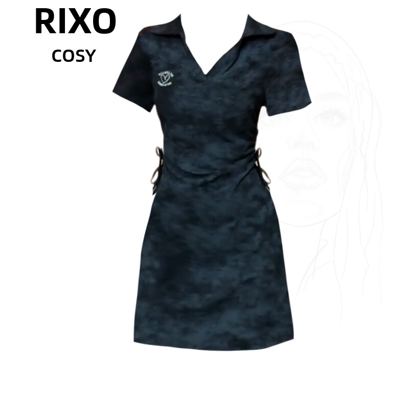 RIXO COSY设计感扎染POLO领洋装女夏季美式复古收腰显瘦A字裙子