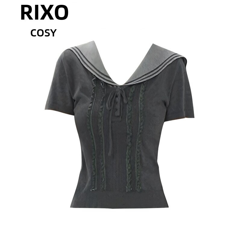 RIXO COSY美式学院风海军领花边针织短袖T恤女夏修身显瘦短款上衣