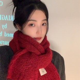 高品质!韩国ins保p暖纯色新年红围巾女冬季百搭学生情侣围脖男潮