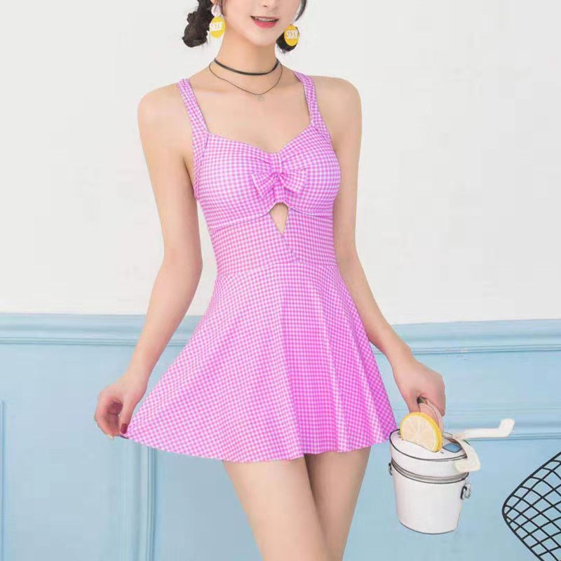 少女泳衣女保守连体裙式学生小清新小胸J聚拢遮肚显瘦平角温泉泳