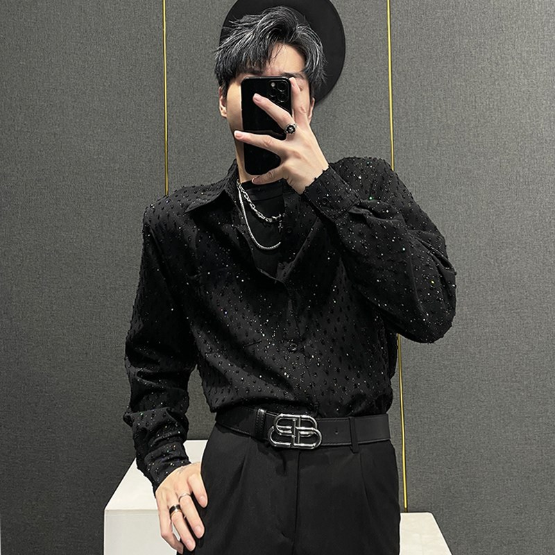 满天星衬衫男长袖春秋季2025z新款韩版设计感烫印亮片宽松痞帅衬
