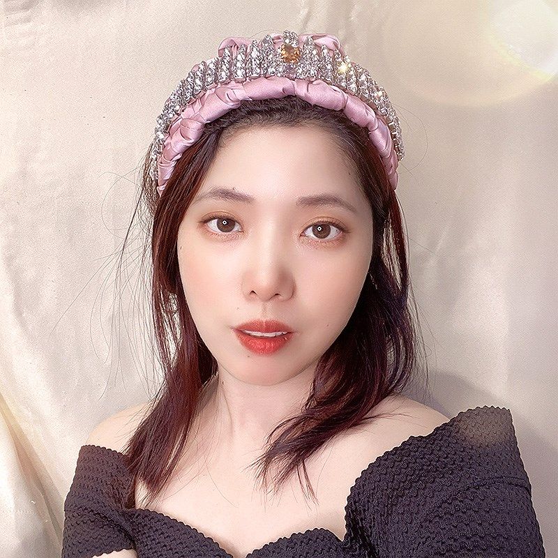 韩国发饰手工编i织粉色水钻头箍女气质镶钻发卡宽边压发头箍带齿