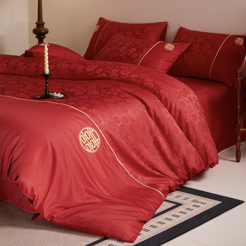 提花结婚床上四件套婚庆大红色被套床单P新婚陪嫁喜被用品,床上用品,婚庆床品套件,淘宝优惠券,粉丝福利购,淘宝优惠卷