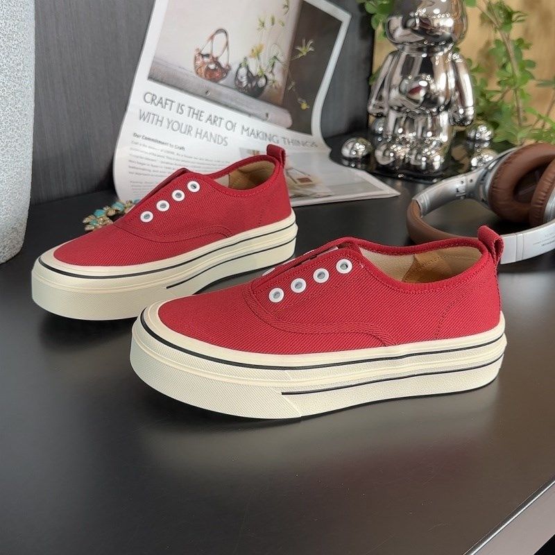 薄款帆布鞋女红色2025夏季一脚蹬圆F头套脚厚底防滑休闲帆布板鞋,女鞋,帆布鞋,淘宝优惠券,粉丝福利购,淘宝优惠卷