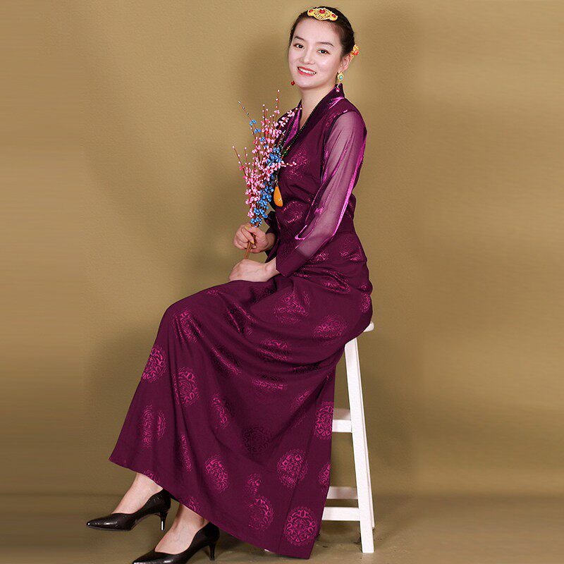 夏季藏装女西藏服民族风藏服纱袖博拉F高档锦缎藏袍女藏族服锅庄