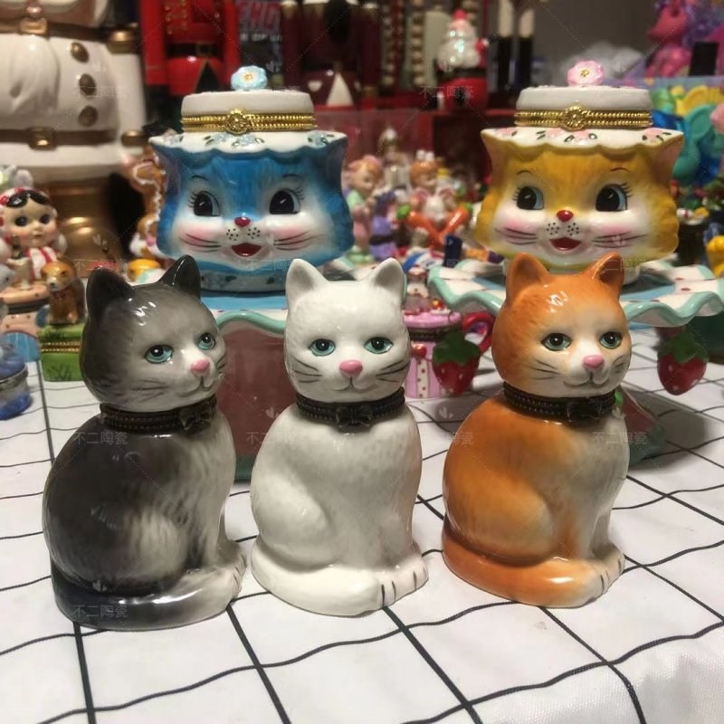 精品首饰盒装饰摆件收藏陶瓷手绘工E艺品 可爱白 灰 橘猫 家居