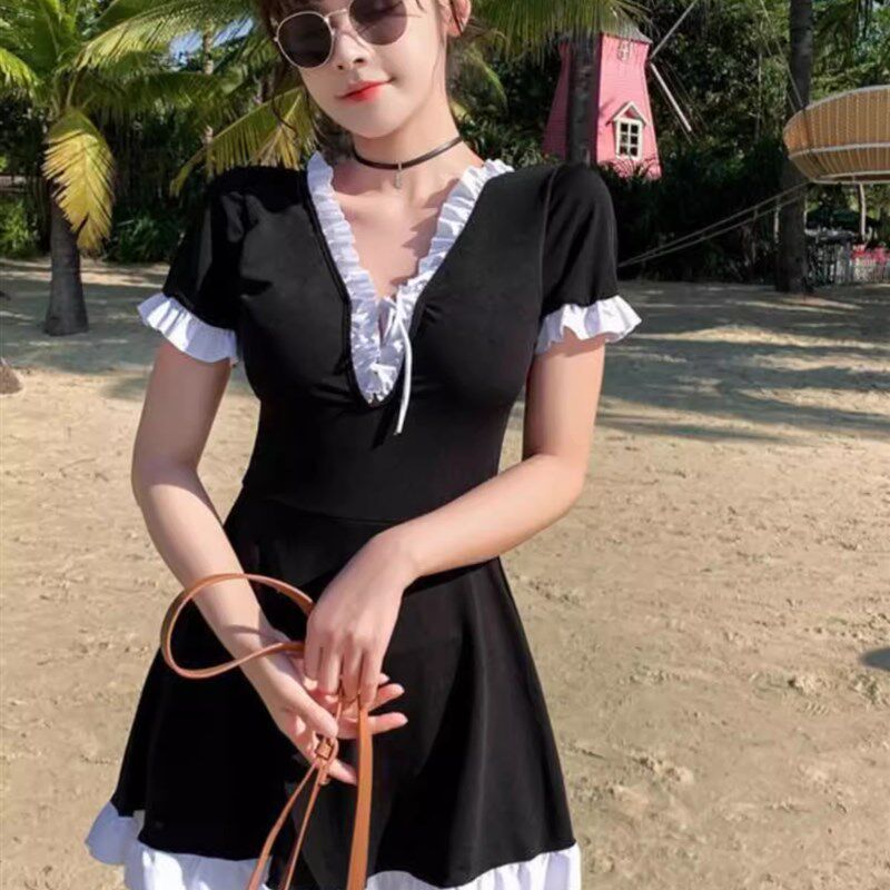 泳衣女大码胖mm微胖女孩保守平角裤20H0斤遮肉显瘦连体裙式泳装夏