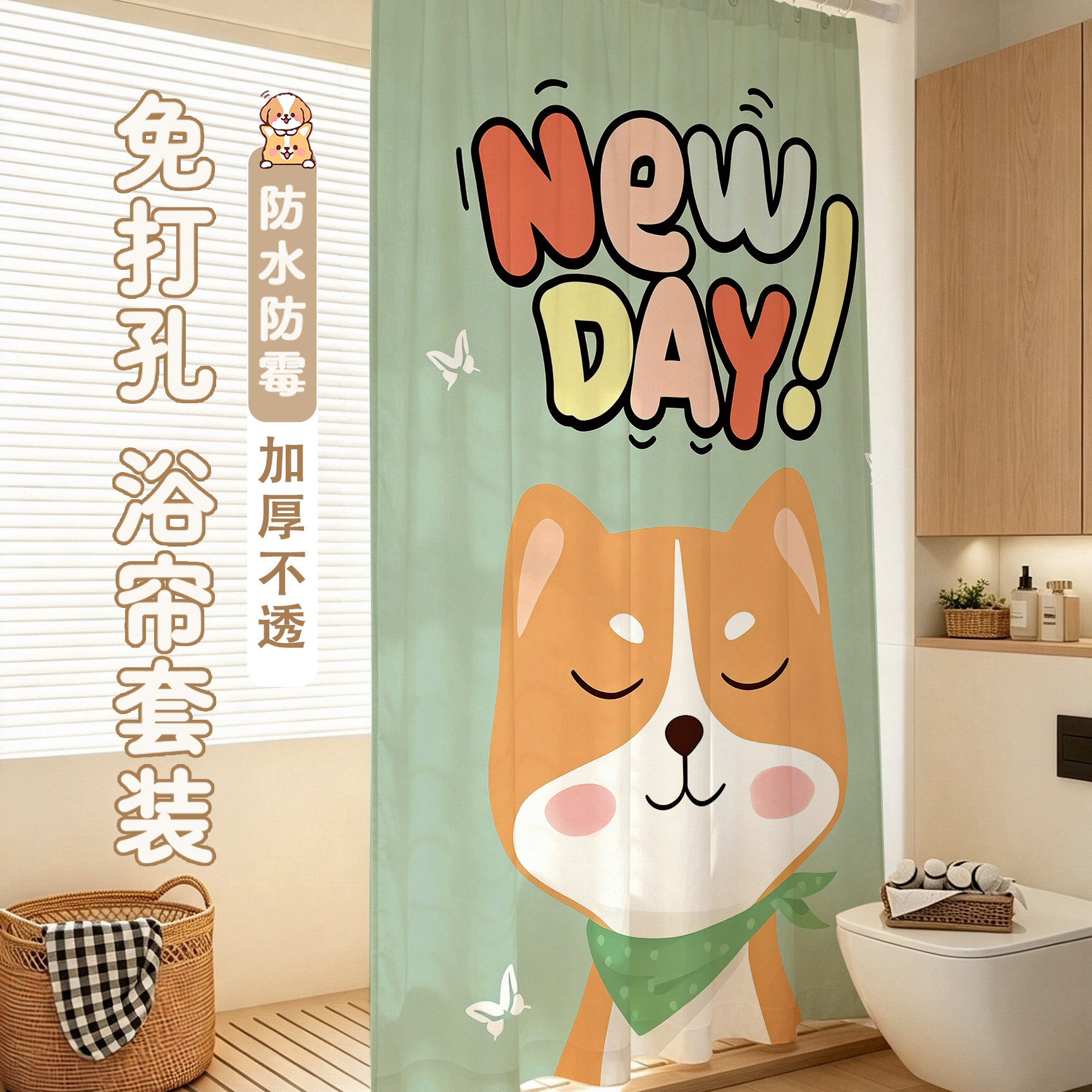 可爱卡通加厚防水免打孔浴帘