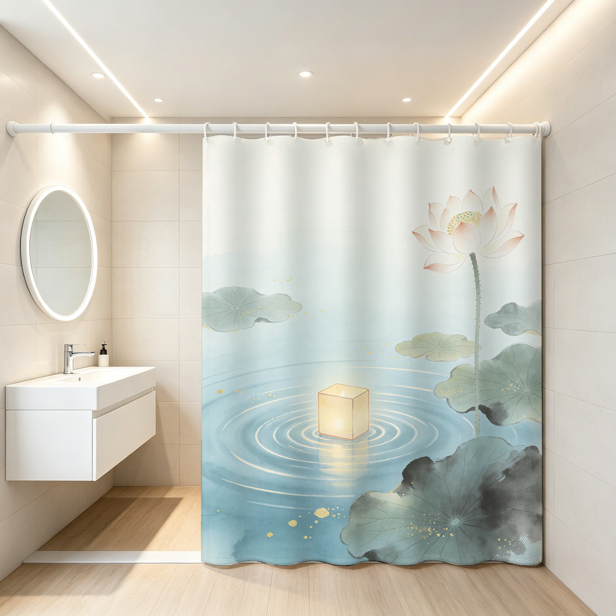 梦幻国画荷花防水免打孔浴帘