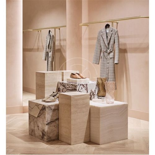 服装店展厅展示台洞石雕塑台陈列桌中岛六面体几何体底座立柱摆件