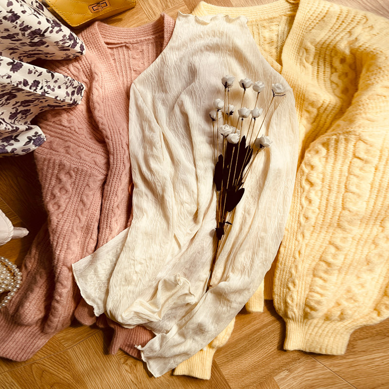 春秋蕾丝打底衫女内搭长袖纱衣白色高端洋气小衫毛衣内搭网纱上衣