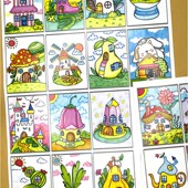 创意卡通房子涂色线稿临摹卡儿童城堡麦克笔小屋美术绘画素材30张