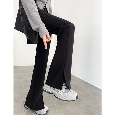 开叉黑色微喇裤女春秋2024新款高腰显瘦弹力直筒垂坠感喇叭西装裤