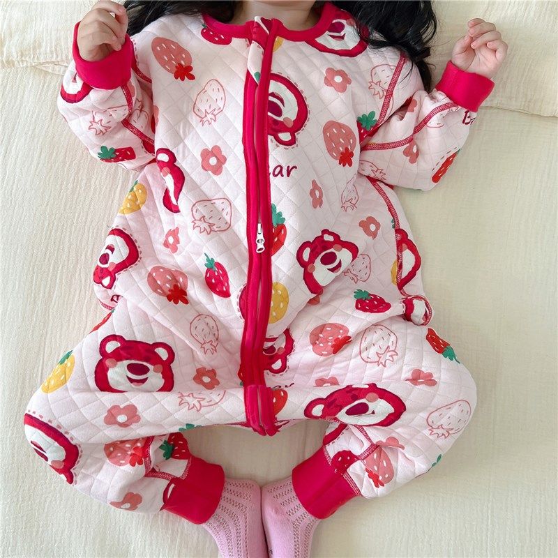 宝宝三层夹棉分腿睡袋秋冬加厚保暖连身睡衣纯棉儿童爬服薄棉睡袋