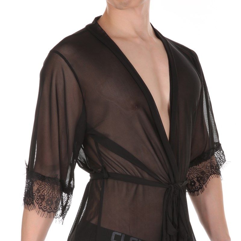 男士性感蕾丝睡衣透明透气超薄款镂空睡袍黑色浴袍成人高级房事