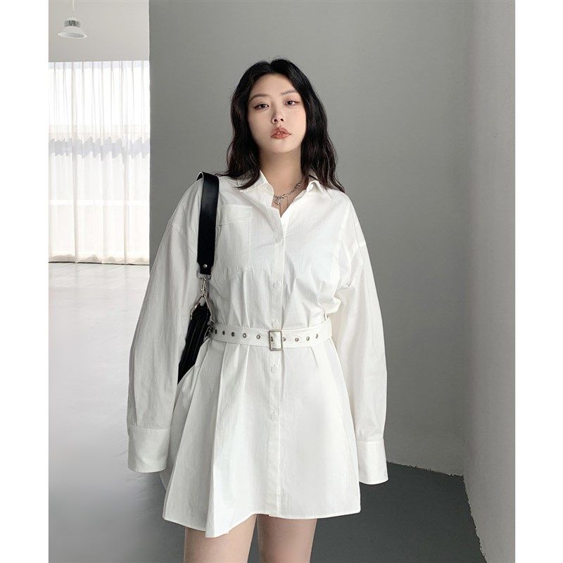 CV大码女装春夏季新款翻领长袖两穿式中长款衬衫连衣裙送腰带胖mm