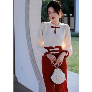 鹿与玫瑰新中式国风套装复古改良旗袍衬衫上衣气质长袖红色连衣裙