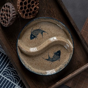 家用碟子两格双格二分格菜盘陶瓷太极盘分格盘子餐盘鸳鸯盘碟分隔