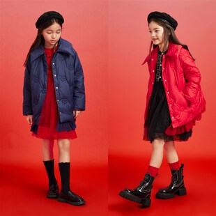 安奈儿新年服女童装中长款羽绒服2023冬新款保暖红色外套上衣