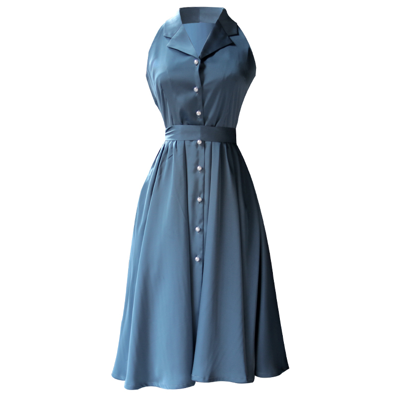 2021夏季新款裙子法式复古无袖连衣裙露肩单排扣缎面蓝色气质裙女