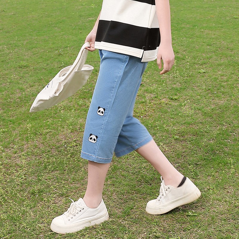 初中生夏装薄牛仔裤七分裤马裤松紧腰百搭休闲少女学生绣花中裤子