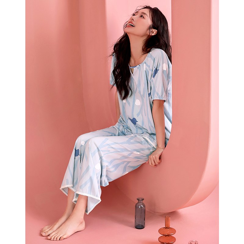 睡衣女夏季凉感纯棉短袖长裤妈妈可爱圆领套头家居服夏天大码套装