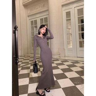 春季法式针织连衣裙女圆领长袖修身鱼尾绝美小妈打底后妈包臀长裙