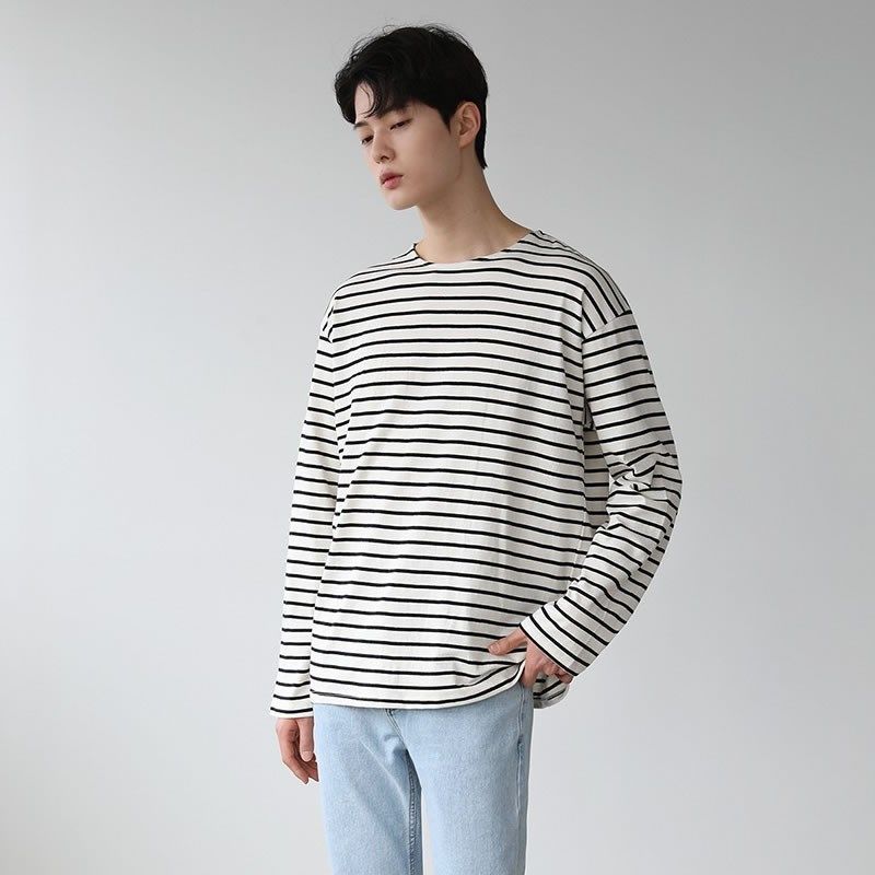 黑白条纹t恤男长袖ins港风宽松个性韩版潮流圆S领纯棉男士春秋薄