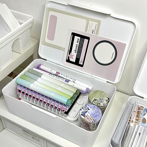 纯白翻盖桌面收纳l盒学生宿舍书桌文具整理盒子多功能防尘杂物箱