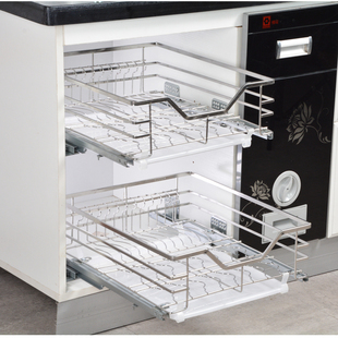 加深47橱柜厨房碗碟拉篮304不锈钢抽E屉碗架小拉篮400柜体450阻尼