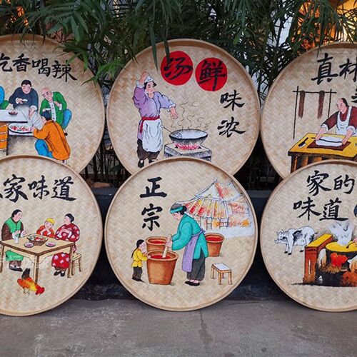 竹编手绘簸箕画装饰品饭厅挂饰米筛壁J饰田园农村墙壁挂农挂画