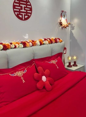 160支长绒棉结婚四件套陪嫁被F套红色全棉床单新婚庆床品8