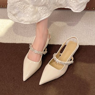 法式气质尖头细跟包头凉鞋女水钻一字带单K鞋外穿时髦一脚蹬高跟