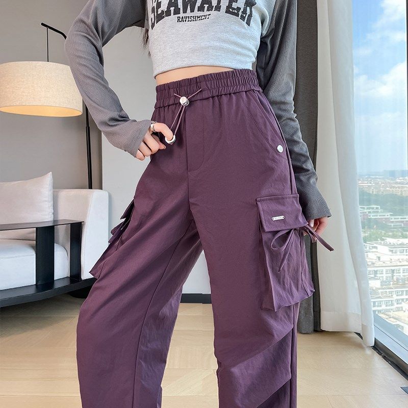 紫色秋冬加长工装裤女高个子加绒新款美式窄版直S筒户外休闲运动