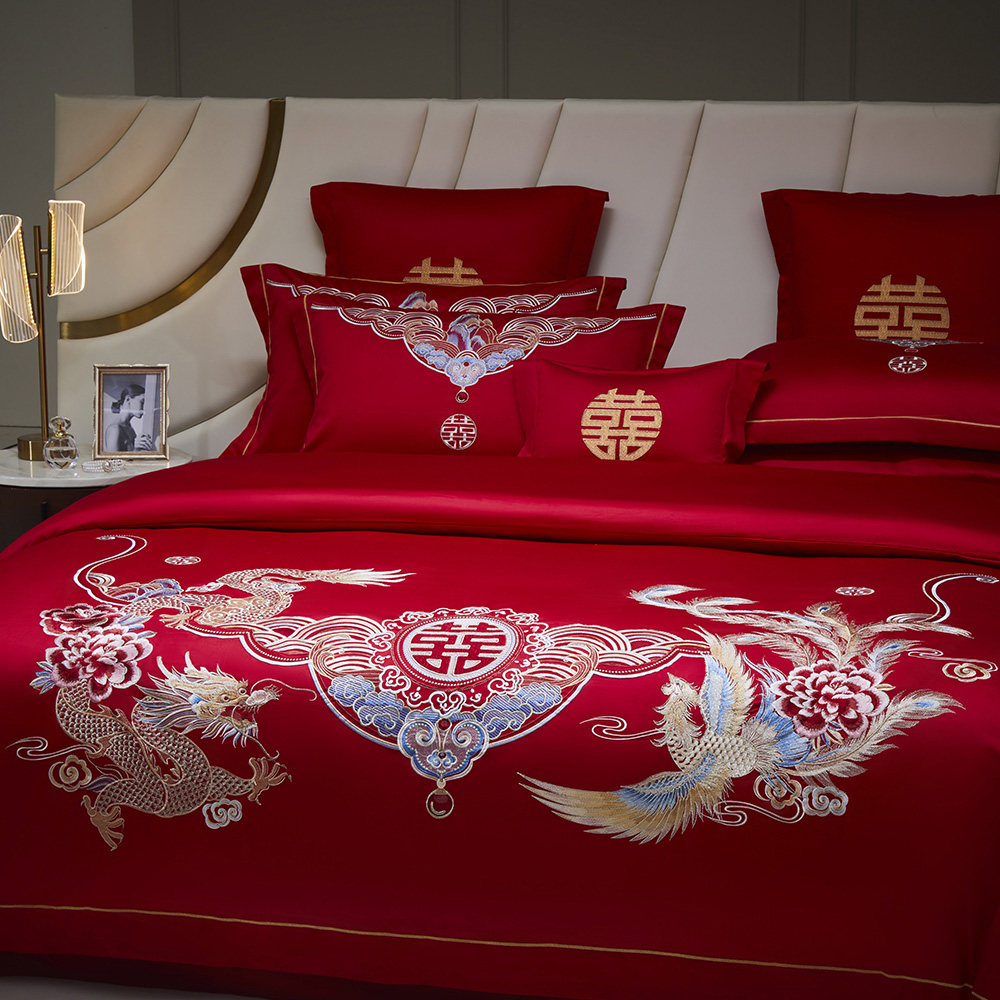 龙凤婚庆四件套100S长绒棉红色刺绣被套纯N棉全棉结婚陪嫁床上用