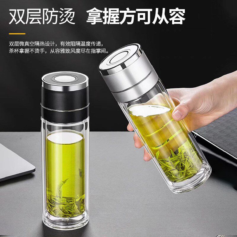 【下单立减50】一键开盖茶杯玻璃车载男士商务双层按Y压便携水杯L