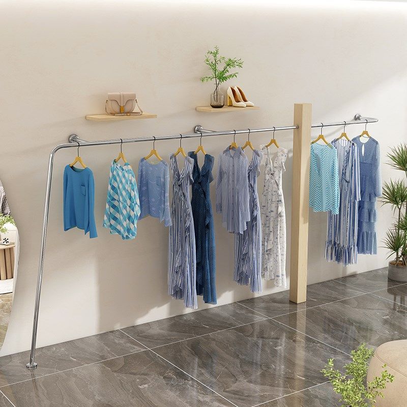 壁挂式女服装店展示架上墙陈列货架落G地式不锈钢实木组合服装挂