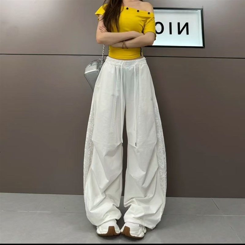 白色蕾丝阔腿h裤女2025新款夏季薄款镂空拼接宽松垂感拖地