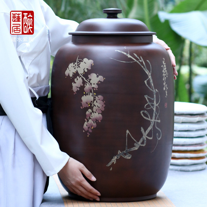 32饼大茶缸/建水紫陶大储茶t罐普洱饼茶叶罐陈皮茶缸黑茶缸D91 S5