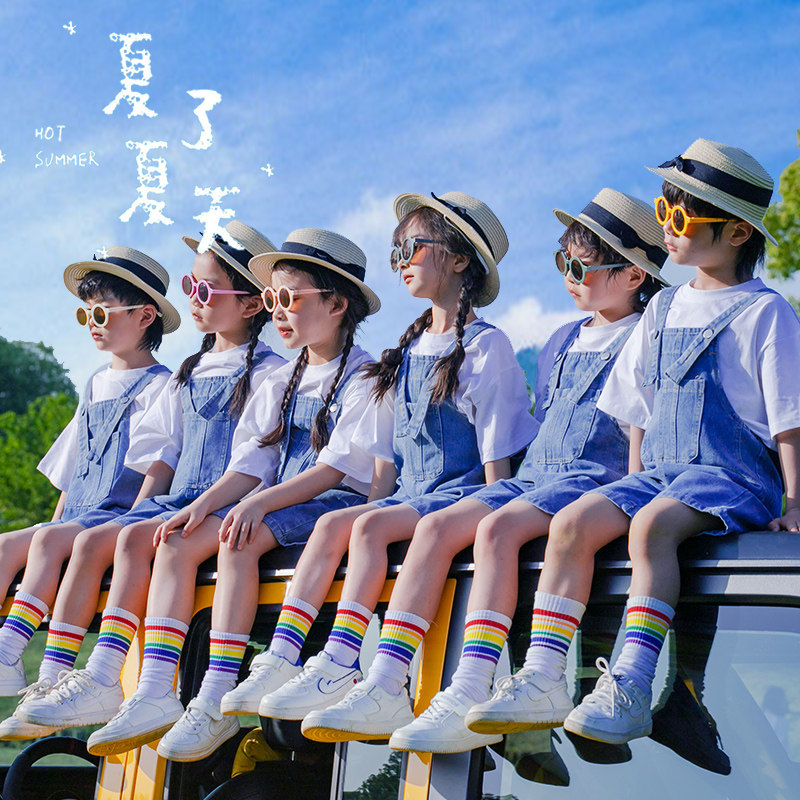 六一儿童演d出服幼儿园毕业照班C服牛仔背带裤亲子装啦啦队表演服