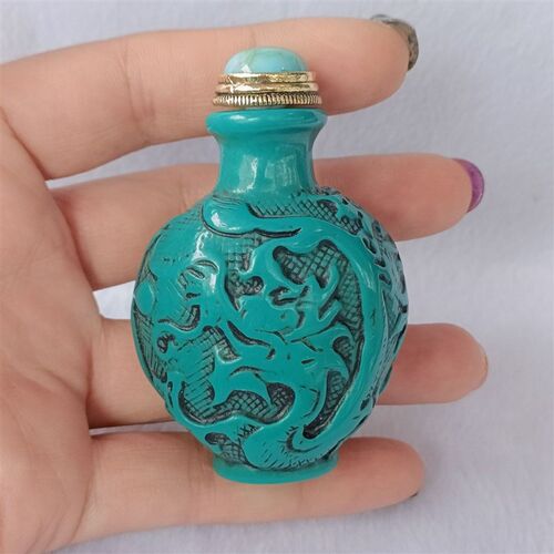 民族风特b色鼻烟壶仿古老货仿绿松石双面雕刻动物鼻烟壶