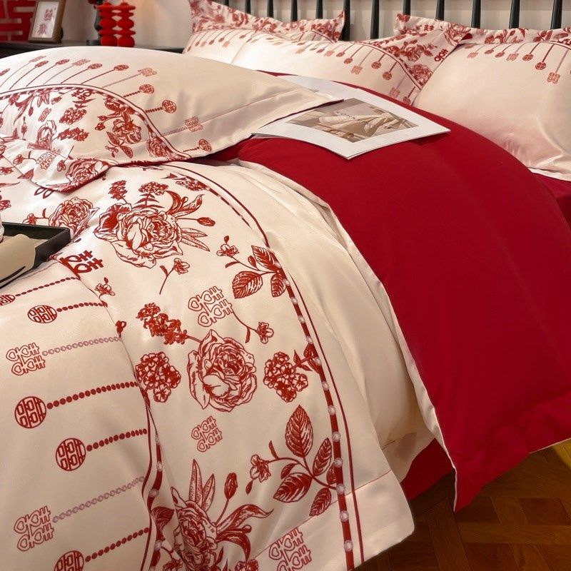 新中式喜字结婚四m件套红色新婚床单被套婚庆床上用品婚房陪嫁,床上用品,婚庆床品套件,淘宝优惠券,粉丝福利购,淘宝优惠卷