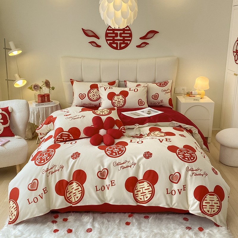 简约婚庆四件套红色被套床单婚房喜被全棉新婚庆结Z婚床上用品,床上用品,婚庆床品套件,淘宝优惠券,粉丝福利购,淘宝优惠卷