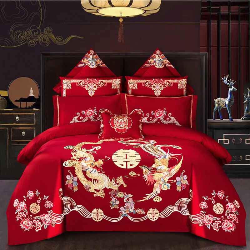 婚庆四件套大红色全棉刺绣新婚喜被套件婚房绣U花结婚床上用品,床上用品,婚庆床品套件,淘宝优惠券,粉丝福利购,淘宝优惠卷