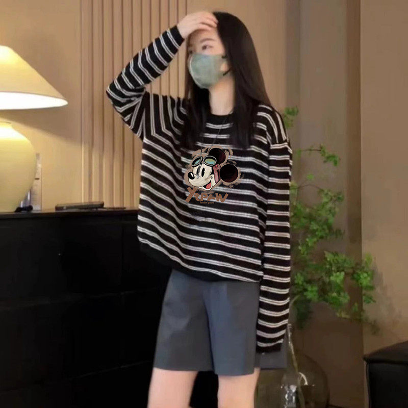 欧货小众时尚条纹长袖纯棉T恤女2025早秋小个子宽松X百搭减龄小衫