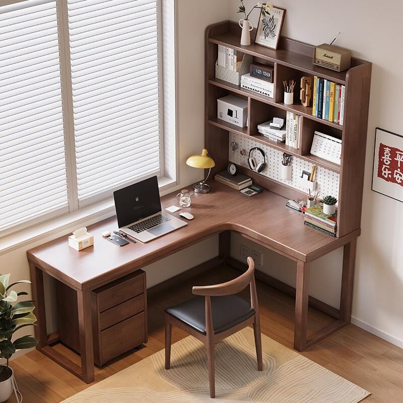 实木橡木转角书桌带书架书柜x一体学习桌洞洞板置物架办公电脑桌