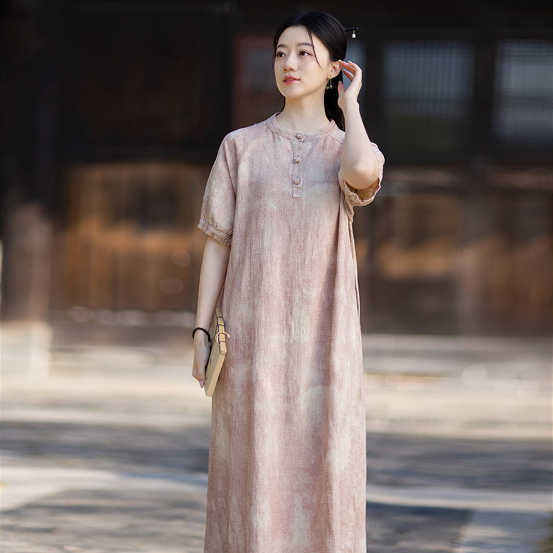 棉麻新中式裙子原创女式气质长裙夏季新款苎麻复古盘扣显瘦连衣裙