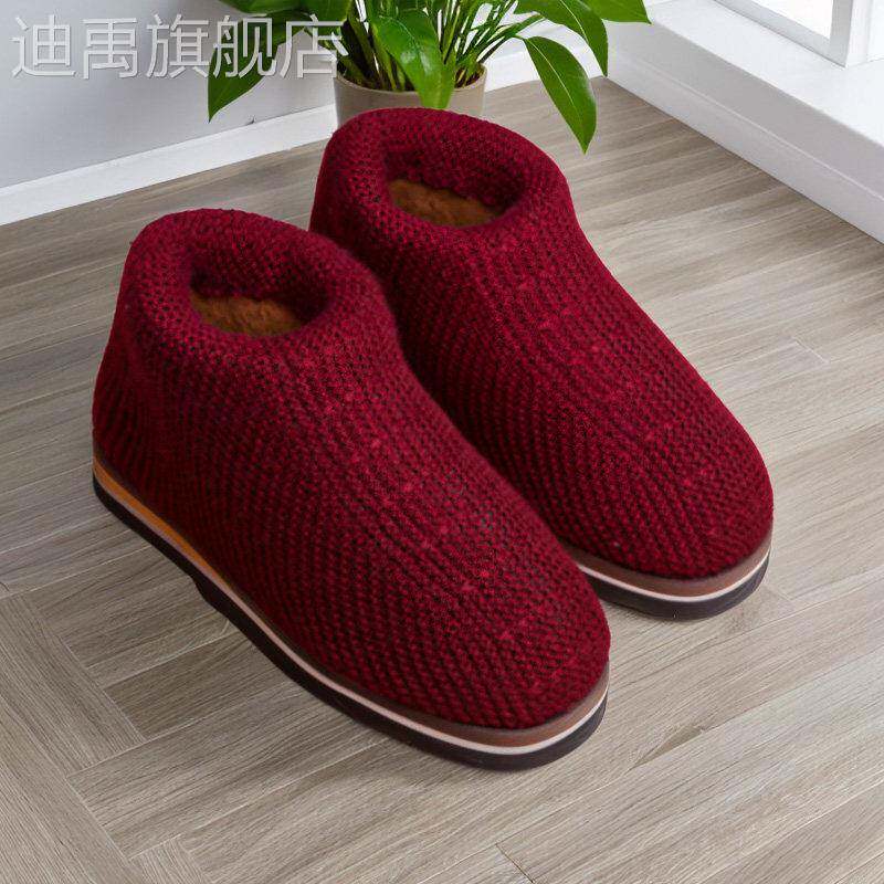 老式保暖纯手工棉鞋针织鞋毛线鞋冬成品加绒加厚勾线鞋编织棉拖鞋