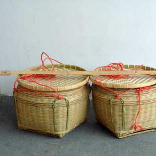 竹编箩筐带盖收纳筐扁担传统结婚喜庆拜神竹筐加厚头层竹大号圆形