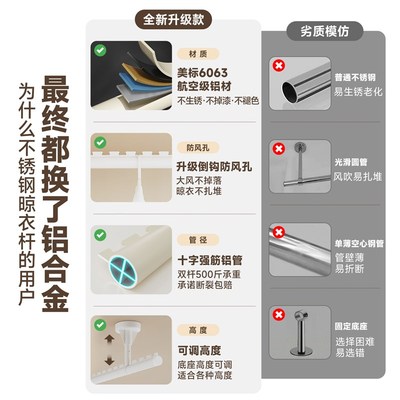 阳台吊杆晾衣架固定式顶装一整根伸缩晾衣杆波浪形防风悬挂晒衣杆